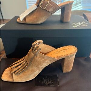 Angela Scott Brown Suede Mules with Fringe